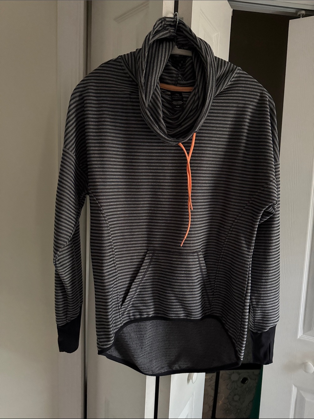 MPG Black and Gray Striped Hoodie with Tan Trim